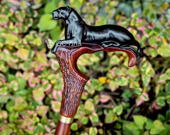 Black Panther Wood Walking Cane – Hand Carved Animal Handle Stick