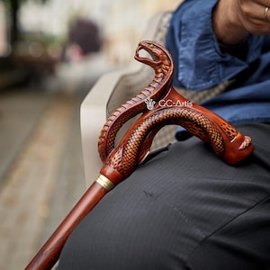 Wooden Cane Walking Stick Cobra Snake - Wood Carved Walking Cane handle best gift for man woman present for  her & him Designer Art