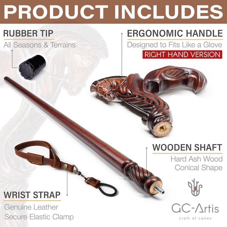 May include: A walking cane set including a dark brown wooden shaft made of hard ash wood, a carved horse head ergonomic handle for the right hand, a black rubber tip for all terrains, and a brown genuine leather wrist strap with an elastic clamp.