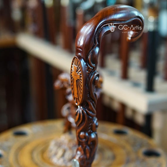 Hand Carved Wood Christian Cross Walking Stick Cane – Ergonomic Crook Handle Support