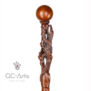Crocodile Alligator Wooden Walking Hiking Stick Cane Staff Trekking Pole - Wood crafted Hand made carved Ball Knob Handle Cane walking stick