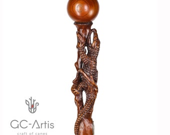 Crocodile Alligator Wooden Walking Hiking Stick Cane Staff Trekking Pole - Wood crafted Hand made carved Ball Knob Handle Cane walking stick