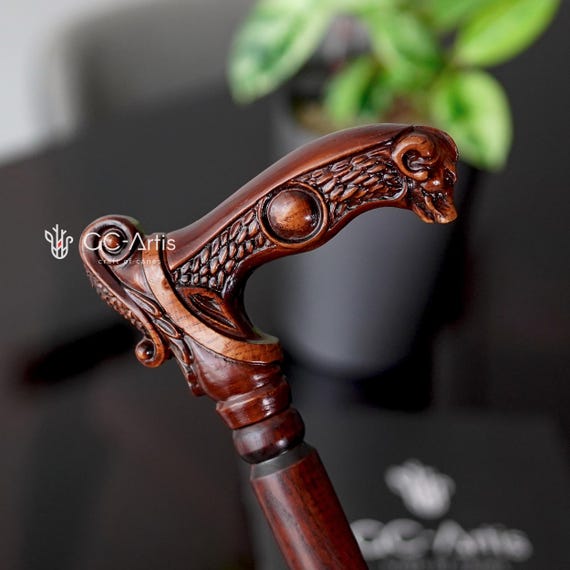ヴィンテージ彫刻入り木製カーブハンドル杖 Wild Boar Unique Wooden Cane Walking Stick - Wood Carved Walking