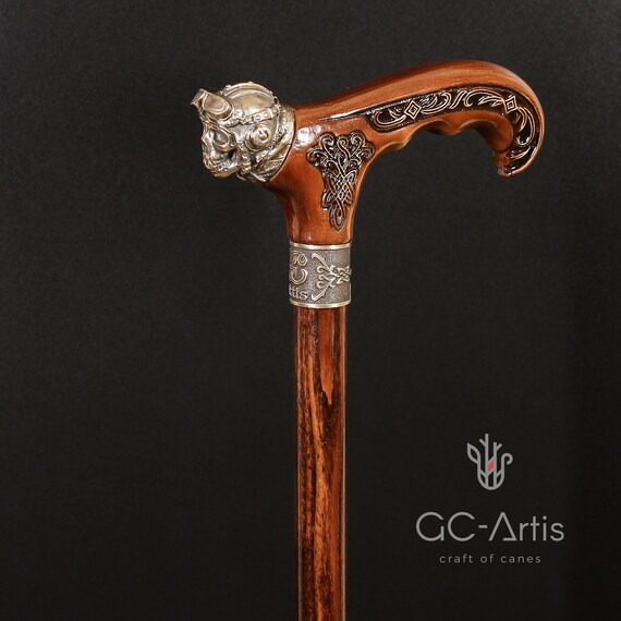 Pilot Skull Walking Cane – Bronze Aviator Style, Hand-carved Wood
