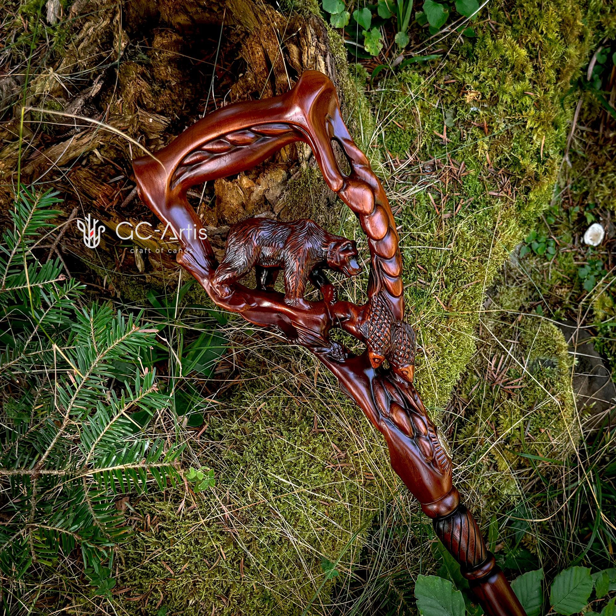 Bear Cane Wooden walking stick - Grizzly & Salmon Dark Wood Hiking Staff handmade wood carved walking cane comfortable handle gift men women