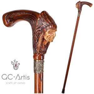 Indian Chief Wooden walking stick cane - Designers wood carved handle, Comfortable walking cane for men women gift for her him