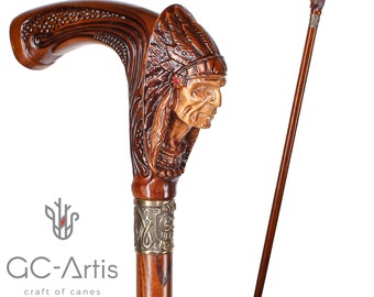 Indian Chief Wooden walking stick cane - Designers wood carved handle, Comfortable walking cane for men women gift for her him
