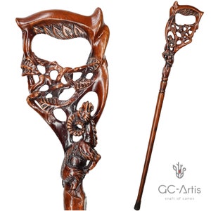 Walking Stick Cane RAM Dark Wooden - handmade wood hand carved handcrafted handle walking cane designer art hiking stick staff for men women