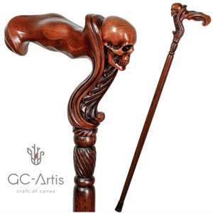 Skull Cane Wooden Walking Stick - Ergonomic Palm Grip Handle Wood Carved Walking cane with skull head for men women Unique designer Art Goth