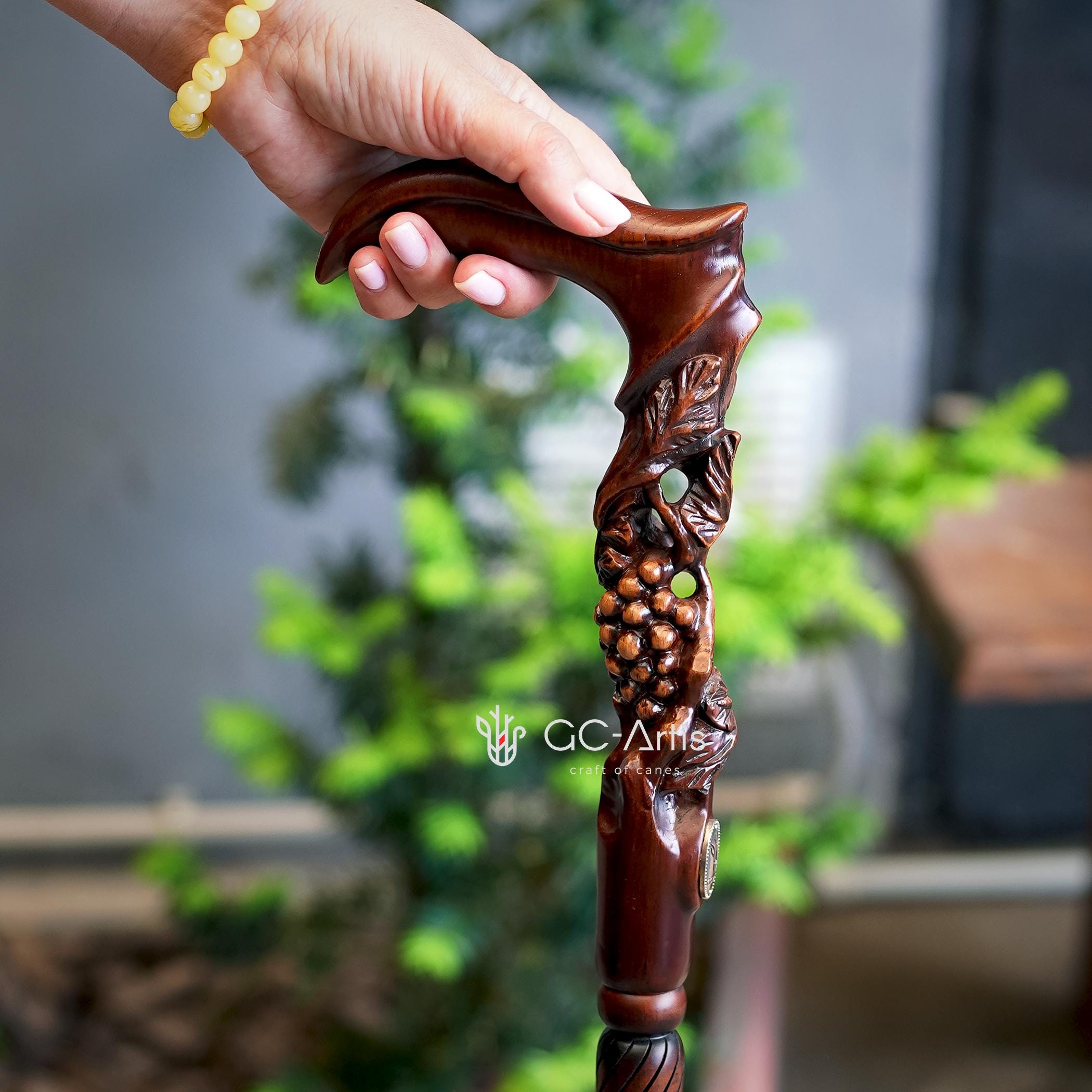 Hand Carved Oak Walking Cane: Grape & Vines Artisan Wood Art - Etsy