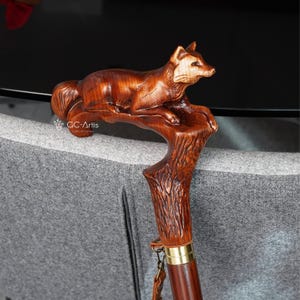 Elegant Fox Wooden Walking Cane: Hand Carved Stylish Stick