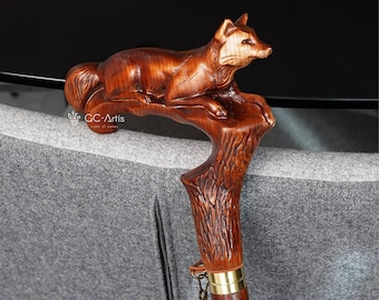 Elegant Fox Wooden Walking Cane: Hand Carved Stylish Stick