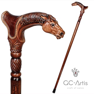 Designer Art Wooden Cane Walking Stick Horse with Saddle - Animal Wood Carved Walking Cane handle best gift for man woman old elderly people