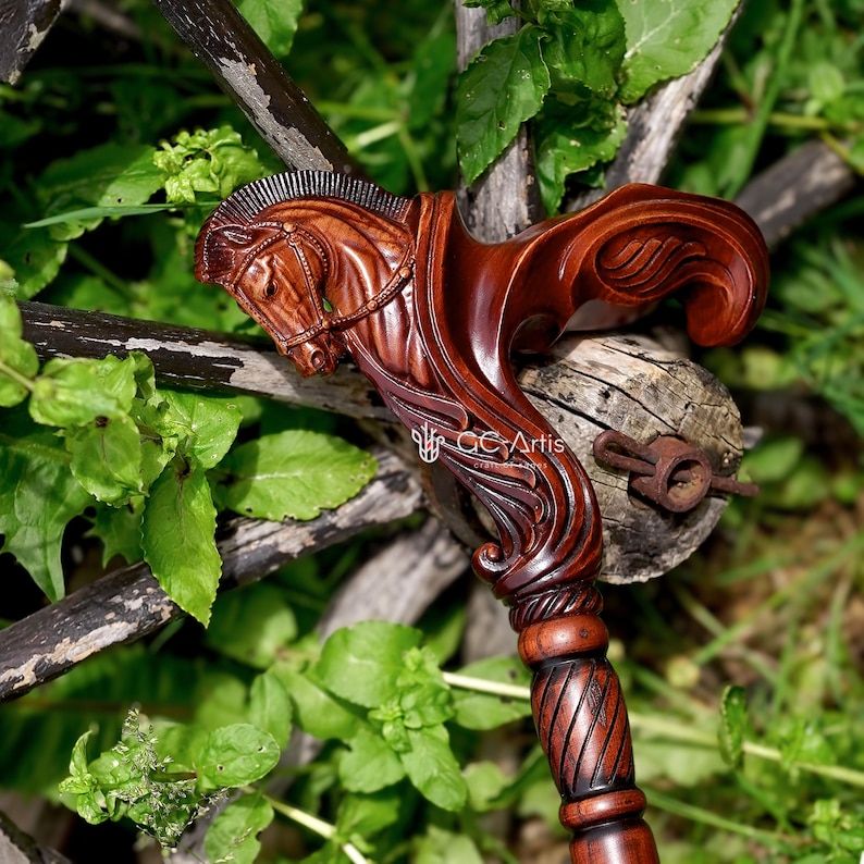May include: A dark brown wooden walking stick handle featuring a detailed hand-carved horse head with a bridle and flowing mane. The shaft below the handle has a spiral carved pattern. The text GC Artis is visible on the side of the horse neck.