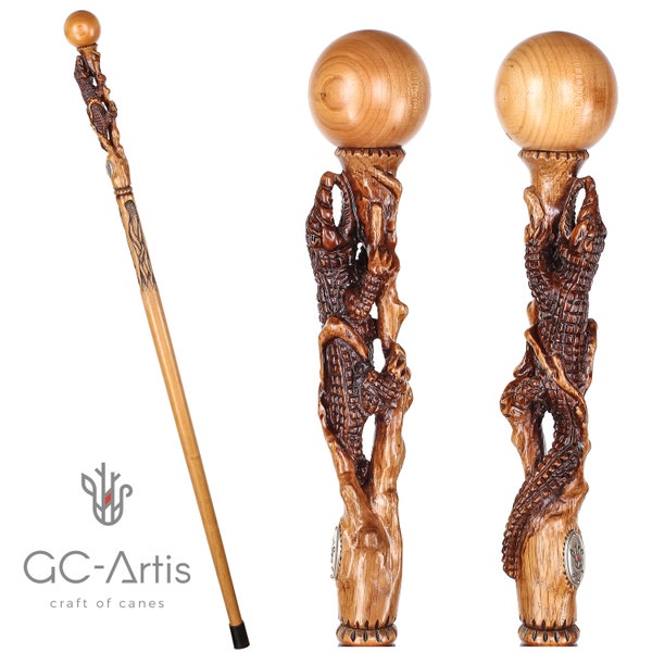 Crocodile Alligator Wooden Walking Cane Stick Hiking Staff - Ball Knob Handle Hand carved hard Wood Walking Staff trekking pole cane for men