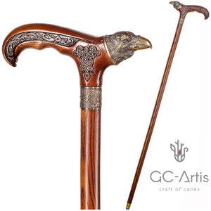 Raven Walking Cane wood & bronze - Goth Style Walking Stick with metal brass inlay on wooden handle and shaft - Cane for man woman gentleman