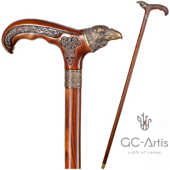 Raven Walking Cane Wood & Bronze Goth Style Walking Stick With Metal Brass  Inlay on Wooden Handle and Shaft Cane for Man Woman Gentleman 