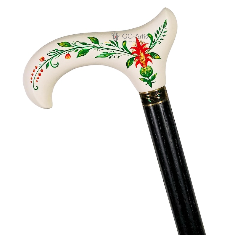 Bastón pintado a mano - Bastón de madera blanca - Flor de Aechmea con mango clásico estilo Derby imagen 6