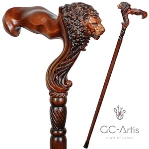 Wooden Walking Stick Cane Lion Head Palm Grip Ergonomic Handle! - Animal Wood Carved Walking Cane present him her men women old elderly