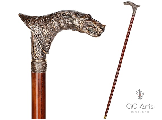 Vintage Solid Brass Wolf Design Handle Antique Wooden Walking Stick Shaft Cane