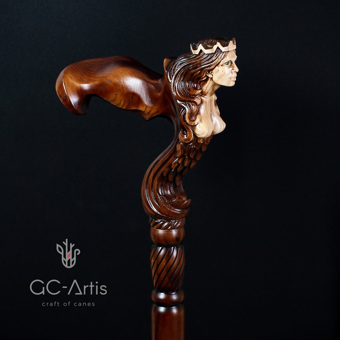 GC-ARTIS Wooden Syren Mermaid Walking Cane - Ergonomic Handle Fantasy Stick For Men & Women