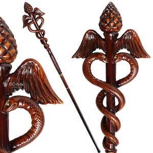 May include: A dark brown wooden walking stick featuring a carved caduceus design at the top. The handle includes two snakes intertwined around a central staff, topped with a pinecone and flanked by wings. The text GC-Artis is visible on the wing.