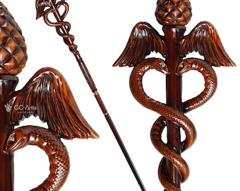 Hand Carved Caduceus Walking Stick: Ash Wood Knob Handle Cane