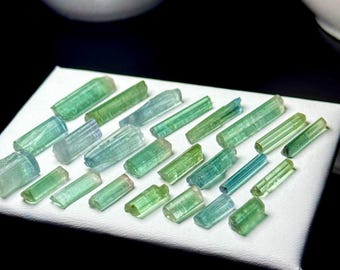 May include: A collection of small, raw tourmaline crystals in various shades of green and blue. The elongated, prismatic stones are arranged in a grid-like pattern, displaying natural vertical striations and translucent to opaque textures.