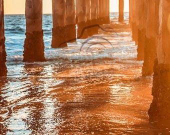 Under the Pier Photography Print – Ocean Wall Art – Beach Coastal Decor – Pier and Surf Photo