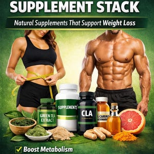 Puede incluir: Anuncio de un conjunto de suplementos para la pérdida de grasa. La imagen presenta a una mujer midiendo su cintura, un hombre musculoso y varios frascos y cápsulas de suplementos. El texto incluye "Fat Loss Supplement Stack".