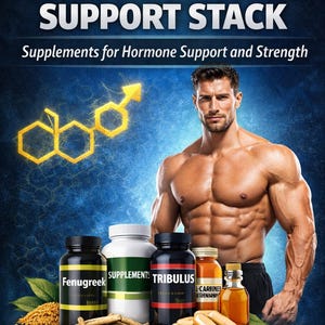 Puede incluir: Portada de ebook "Testosterone Support Stack" con un hombre musculoso y botellas de suplementos. Las botellas incluyen "Fenogreco", "Suplementos" y "Tribulus". El fondo es un degradado azul.