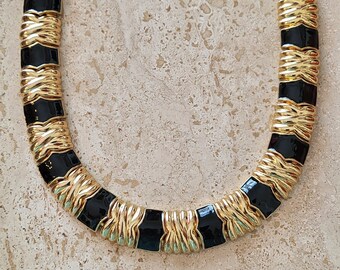 Vintage Signed AFG Gold Black Egyptian Revival Choker Necklace