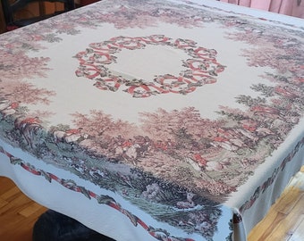 Vintage Square Linen Tablecloth – 50” Hunting Scene