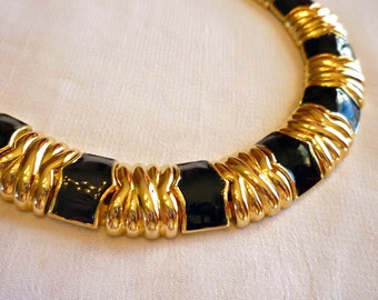 Gold Black Egyptian Revival Enamel Necklace Signed AFJ