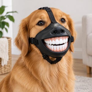 May include: A golden-colored dog wearing a black muzzle featuring a realistic human-like set of white teeth and pink gums. The muzzle is secured with black adjustable nylon straps that wrap around the snout and over the top of the head.