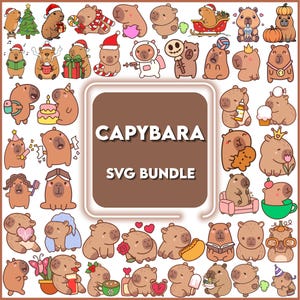 May include: A collection of cartoon capybara illustrations in various poses, some wearing hats and holding objects. The central text reads "CAPYBARA SVG BUNDLE" in white letters on a brown background. The overall theme is cute and whimsical.