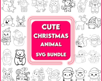 May include: A collection of black and white Christmas animal illustrations, including a snowman, reindeer, penguin, bear, and cat. The text "CUTE CHRISTMAS ANIMAL SVG BUNDLE" is displayed on a pink background.