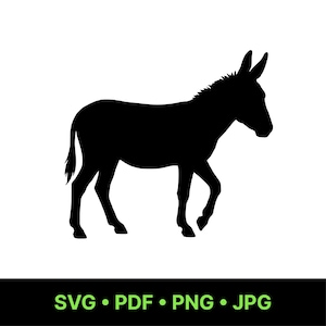 May include: A black silhouette of a donkey walking to the right. The donkey has a long tail, upright ears, and is in profile. The image includes the text "SVG • PDF • PNG • JPG" in green letters on a black background.
