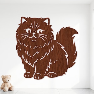 May include: A flat, dark brown wooden wall cutout shaped like a fluffy long-haired cat. The design features intricate cutouts to define the cat's facial features, whiskers, and fur texture, showcasing a visible wood grain pattern throughout the surface.