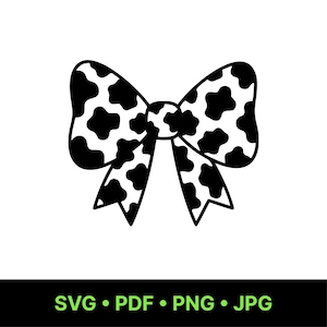 May include: A black and white bow featuring a cow print pattern. The bow is set against a white backdrop. The image includes the text "SVG • PDF • PNG • JPG" at the bottom.