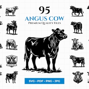 May include: A collection of 95 Angus cow illustrations in black and white. The images include various poses of the cattle, such as standing, grazing, and lying down. The text "ANGUS COW" and "PREMIUM QUALITY FILES" are also present.