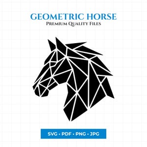 May include: Black geometric horse head design. The image includes the text "GEOMETRIC HORSE" and "PREMIUM QUALITY FILES" in blue. Below the horse head is the text "SVG • PDF • PNG • JPG" in a blue rectangle.