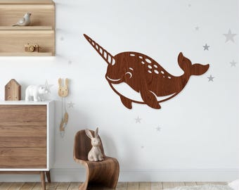 Narwal Laser Cut Datei, Ocean Kinderzimmer Wandkunst, Sea Life SVG (Digitaler Download)