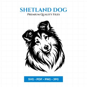 Könnte beinhalten: Schwarz-Weiß-Illustration eines Shetland Dogs mit dem Text "SHETLAND DOG PREMIUM QUALITY FILES". Das Bild enthält Dateitypoptionen: SVG, PDF, PNG und JPG.