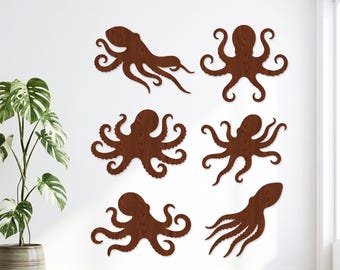 12 Octopus Silhouette SVG Bundle, Ocean Sea Life Laser Cut Datei, Kraken Vektor für Glowforge, Nautische Clipart, Küstenholz Wandkunst CNC