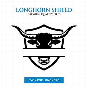 Peut inclure: Graphique noir et blanc d'une tête de taureau longhorn dans un bouclier. Le texte "LONGHORN SHIELD" et "PREMIUM QUALITY FILES" sont en haut. Un rectangle bleu en bas indique les options de type de fichier.