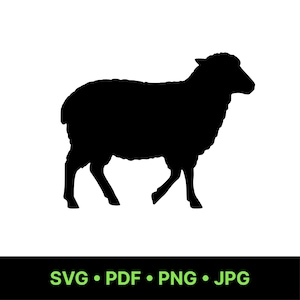 May include: A black silhouette of a sheep in profile, walking from left to right. The sheep has a fluffy body and a small head. The image includes the text "SVG • PDF • PNG • JPG" in green.