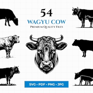 Puede incluir: Una colección de 54 ilustraciones de vacas Wagyu en blanco y negro. Las imágenes incluyen siluetas de vacas, una cabeza de vaca detallada y vacas con terneros. También se incluye el texto "Wagyu Cow" y "Premium Quality Files".