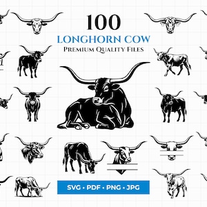 May include: A collection of 100 black and white longhorn cow illustrations in various poses and styles. The text "100 LONGHORN COW PREMIUM QUALITY FILES" is displayed above a blue bar with file type abbreviations: SVG, PDF, PNG, and JPG.