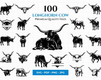 Lot de 100 vaches Longhorn SVG, clipart bovins Texas (téléchargement numérique)